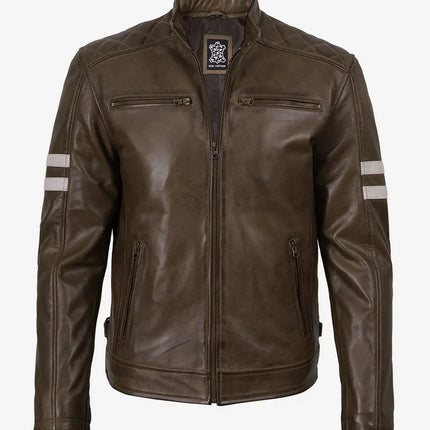 Men's Brown Waxed Leather Cafe Racer Jacket w/ White Stripes