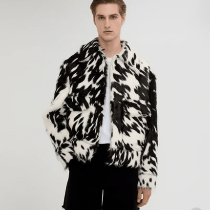 Men's Black and  White Hair-On Cow Skin Jacket