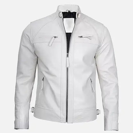 Men's White Lambskin Leather Cafe Racer Jacket