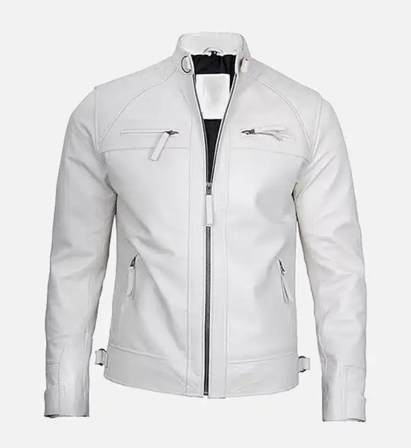 Men's White Lambskin Leather Cafe Racer Jacket