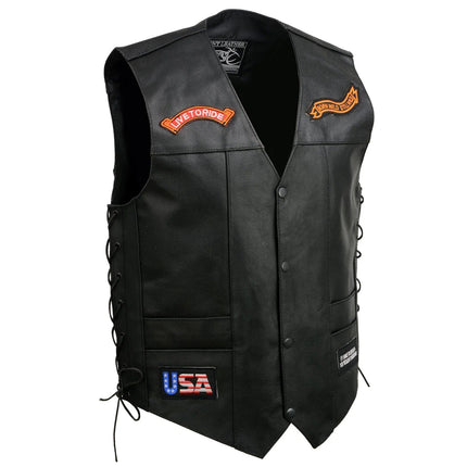 ML Men's Adjustable Side Lace Pre Patched Black Leather Biker Vest w/ 9 Patches
