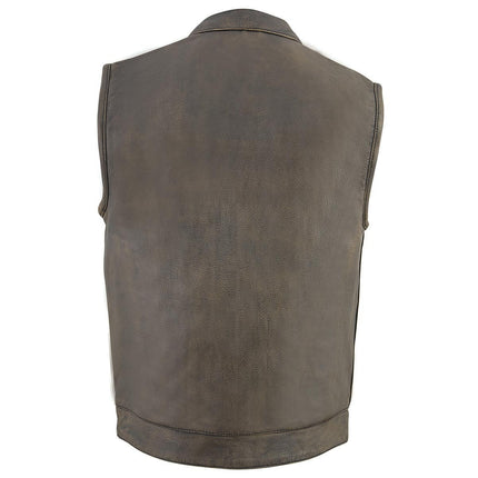 ML Men's Distressed Brown Leather Club Style Motorcycle Vest w/ Double Closure