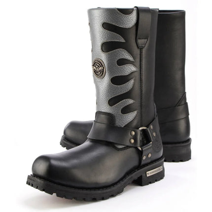 ML Men's 11- Inch Square Toe Fire Fight Black Harness Boots w/ Silver Flames