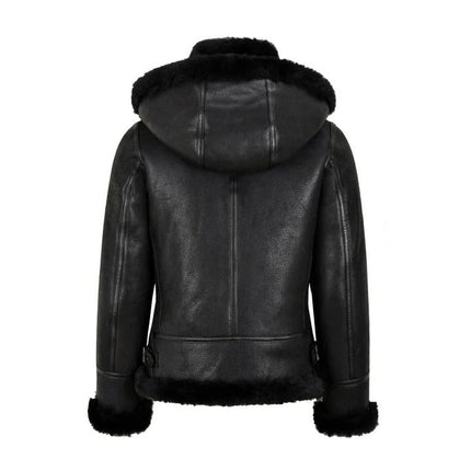 Women's Black Leather RAF Shearling Jacket with Hood