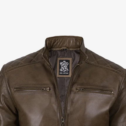 Men's Brown Waxed Leather Cafe Racer Jacket w/ White Stripes