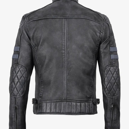 Men's Black Washed Leather Cafe Racer Jacket w/ Blue Stripes