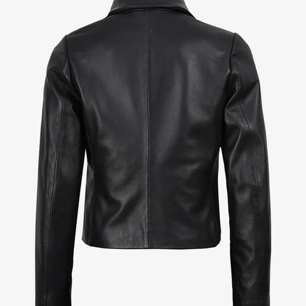 Women's 2 Button Black Cropped Lambskin Leather Blazer