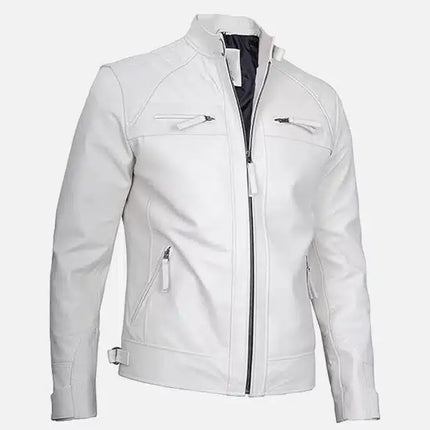 Men's White Lambskin Leather Cafe Racer Jacket