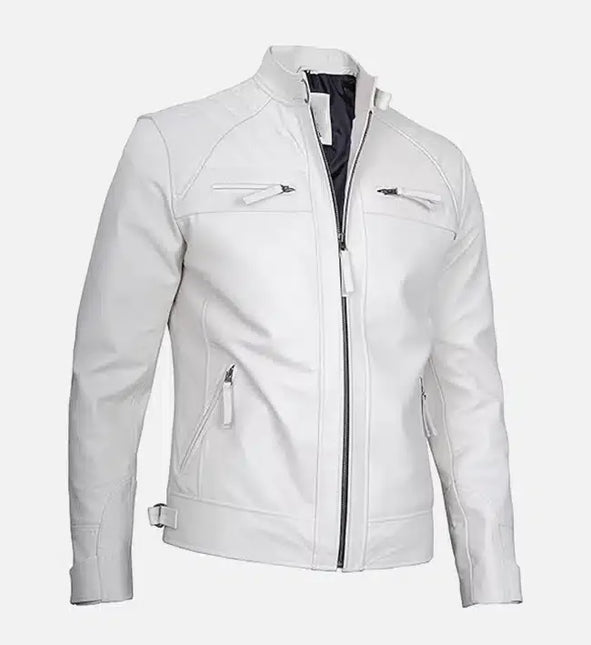 Men's White Lambskin Leather Cafe Racer Jacket