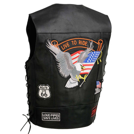 ML Men's Adjustable Side Lace Pre Patched Black Leather Biker Vest w/ 9 Patches