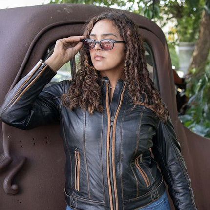 ML Women's Vintage Brown Leather Scooter Jacket w/ Mandarin Collar