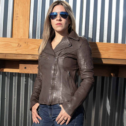 ML Women's Brown Leather Vintage Biker Style Fashion Leather Jacket
