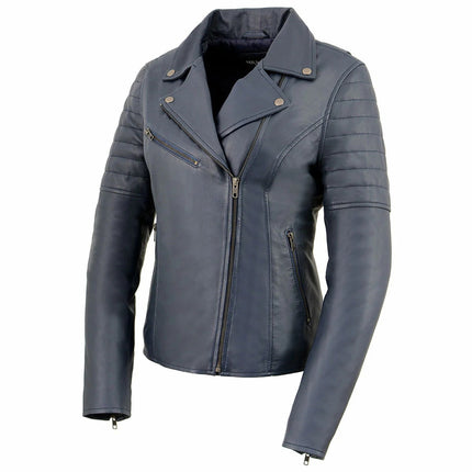 ML Women's Duchess Blue Biker Style Casual Fashion Leather Jacket