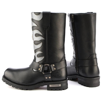 ML Men's 11- Inch Square Toe Fire Fight Black Harness Boots w/ Silver Flames
