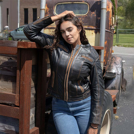 ML Women's Vintage Brown Leather Scooter Jacket w/ Mandarin Collar