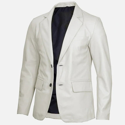 Men's Classic Two Button White Leather Blazer Jacket