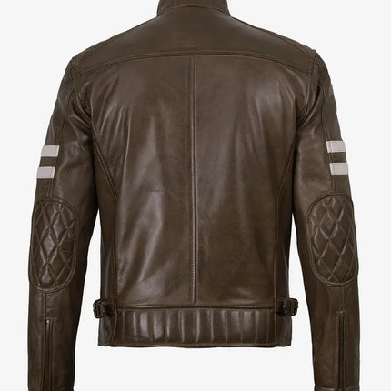 Men's Brown Waxed Leather Cafe Racer Jacket w/ White Stripes