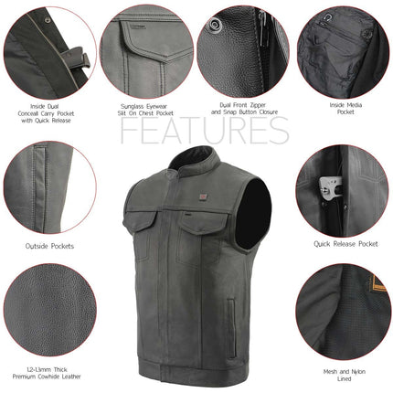ML Men's All Season Black Premium Leather Biker Club Vest w/ Heated and Cool Tech