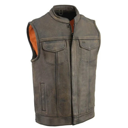 ML Men's Distressed Brown Leather Club Style Motorcycle Vest w/ Double Closure