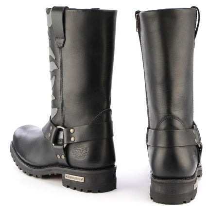 ML Men's 11- Inch Square Toe Fire Fight Black Harness Boots w/ Silver Flames