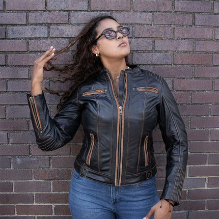ML Women's Vintage Brown Leather Scooter Jacket w/ Mandarin Collar