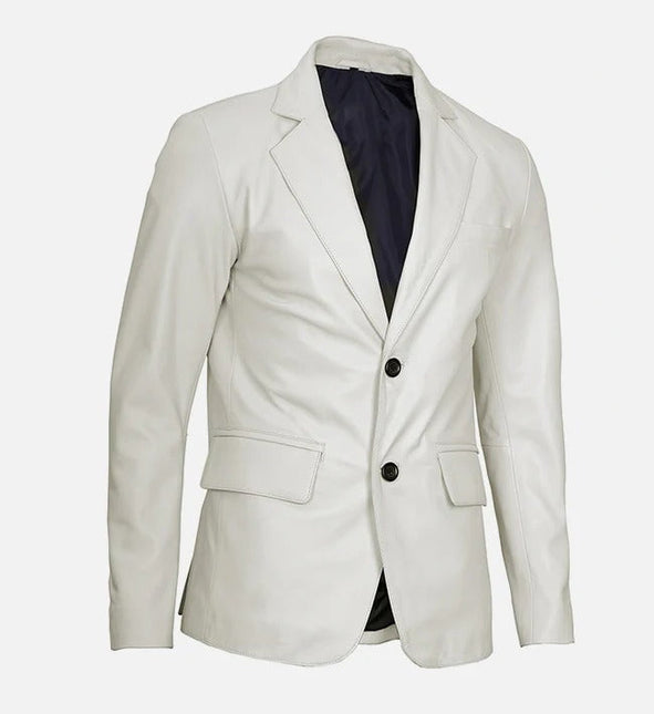 Men's Classic Two Button White Leather Blazer Jacket