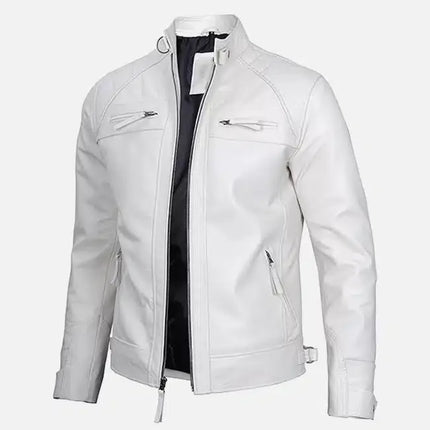 Men's White Lambskin Leather Cafe Racer Jacket