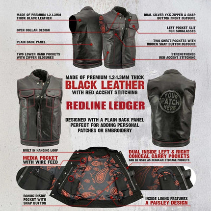 ML Men's Club Style Premium Leather Vest w/ Paisley Lining & Red Stitching