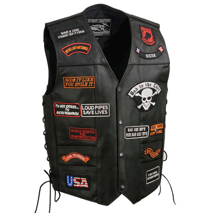 ML Men's Side Lace Pre Patched Biker Vest w/ 23 Patches