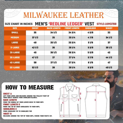 ML Men's Club Style Premium Leather Vest w/ Paisley Lining & Red Stitching