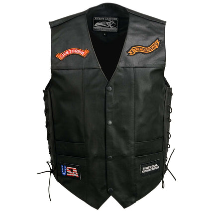 ML Men's Adjustable Side Lace Pre Patched Black Leather Biker Vest w/ 9 Patches