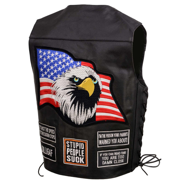 ML Men's Adult Pre Patched Black Leather Motorcycle Vest