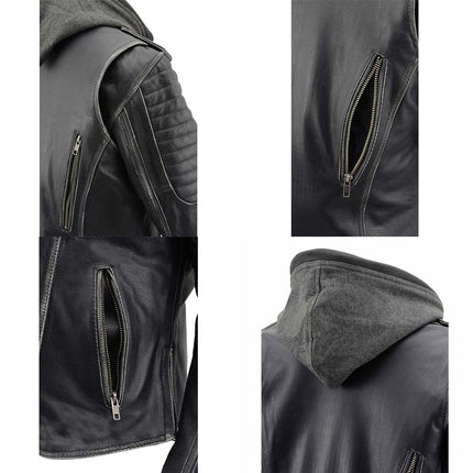 ML Women's Black Rub-Off Leather Jacket with Hoodie