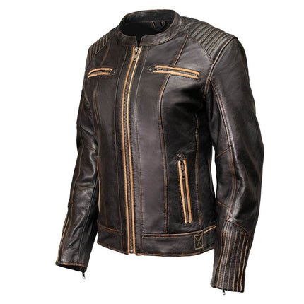 ML Women's Vintage Brown Leather Scooter Jacket w/ Mandarin Collar