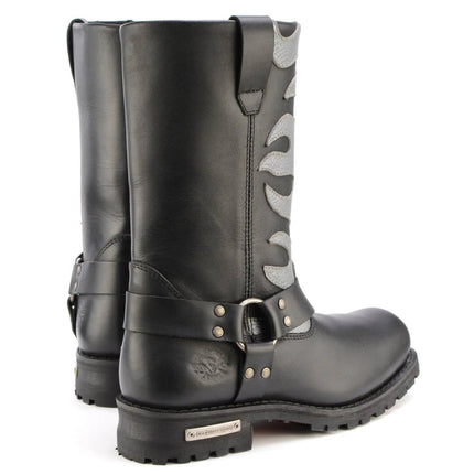 ML Men's 11- Inch Square Toe Fire Fight Black Harness Boots w/ Silver Flames