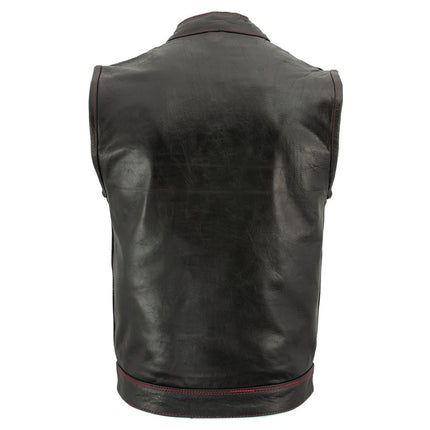 ML Men's Club Style Premium Leather Vest w/ Paisley Lining & Red Stitching