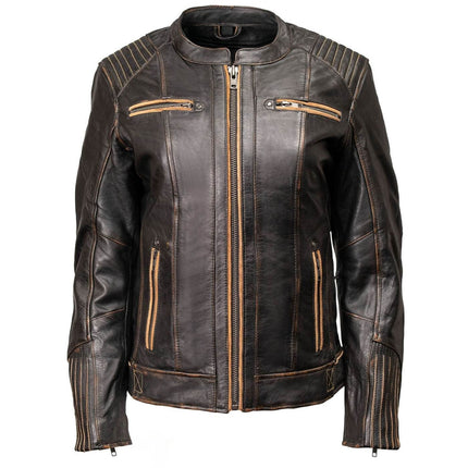 ML Women's Vintage Brown Leather Scooter Jacket w/ Mandarin Collar