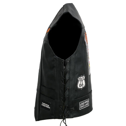 ML Men's Adjustable Side Lace Pre Patched Black Leather Biker Vest w/ 9 Patches