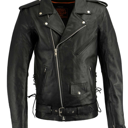 ML Men's Black Leather Side Lace Police Style Big Tall Motorcycle Jacket
