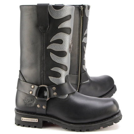 ML Men's 11- Inch Square Toe Fire Fight Black Harness Boots w/ Silver Flames