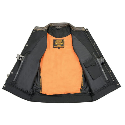 ML Men's Distressed Brown Leather Club Style Motorcycle Vest w/ Double Closure