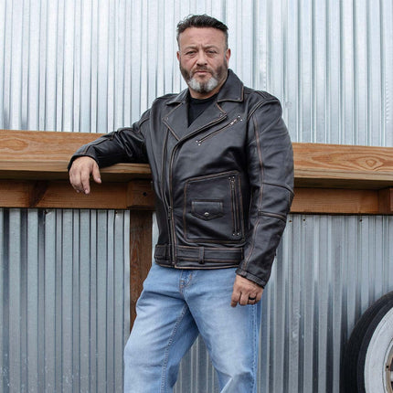 ML Men's MC Style Brown Vintage Leather Motorcycle Jacket w/ Lapel Collar