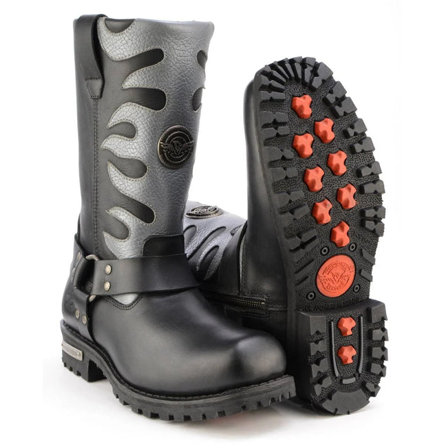 ML Men's 11- Inch Square Toe Fire Fight Black Harness Boots w/ Silver Flames