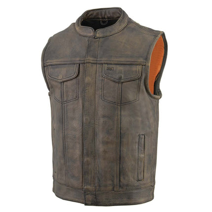 ML Men's Distressed Brown Leather Club Style Motorcycle Vest w/ Double Closure