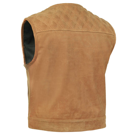 Men's Brown Leather Diamond Stitch Low-Cut Biker Vest