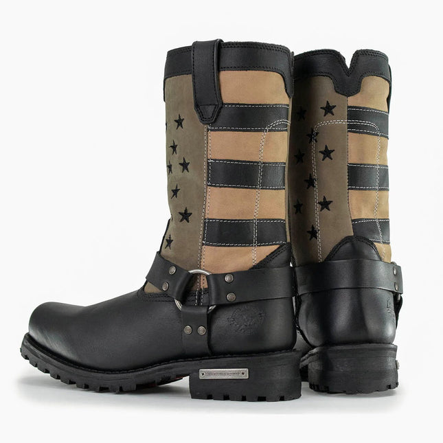 ML Men's Stars and Stripes Black w/ Tan Motorcycle Harness Boots