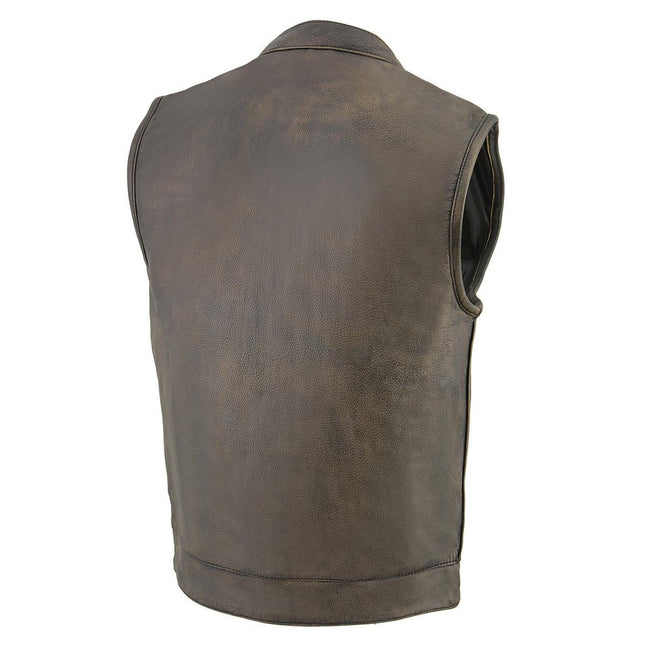 ML Men's Distressed Brown Leather Club Style Motorcycle Vest w/ Double Closure