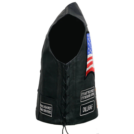 ML Men's Adult Pre Patched Black Leather Motorcycle Vest