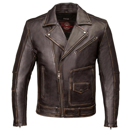 ML Men's MC Style Brown Vintage Leather Motorcycle Jacket w/ Lapel Collar