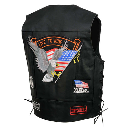 ML Men's Adjustable Side Lace Pre Patched Black Leather Biker Vest w/ 9 Patches